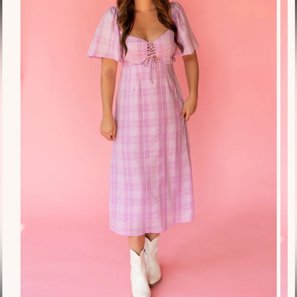 LUSH Plaid Lace Up Midi Dress